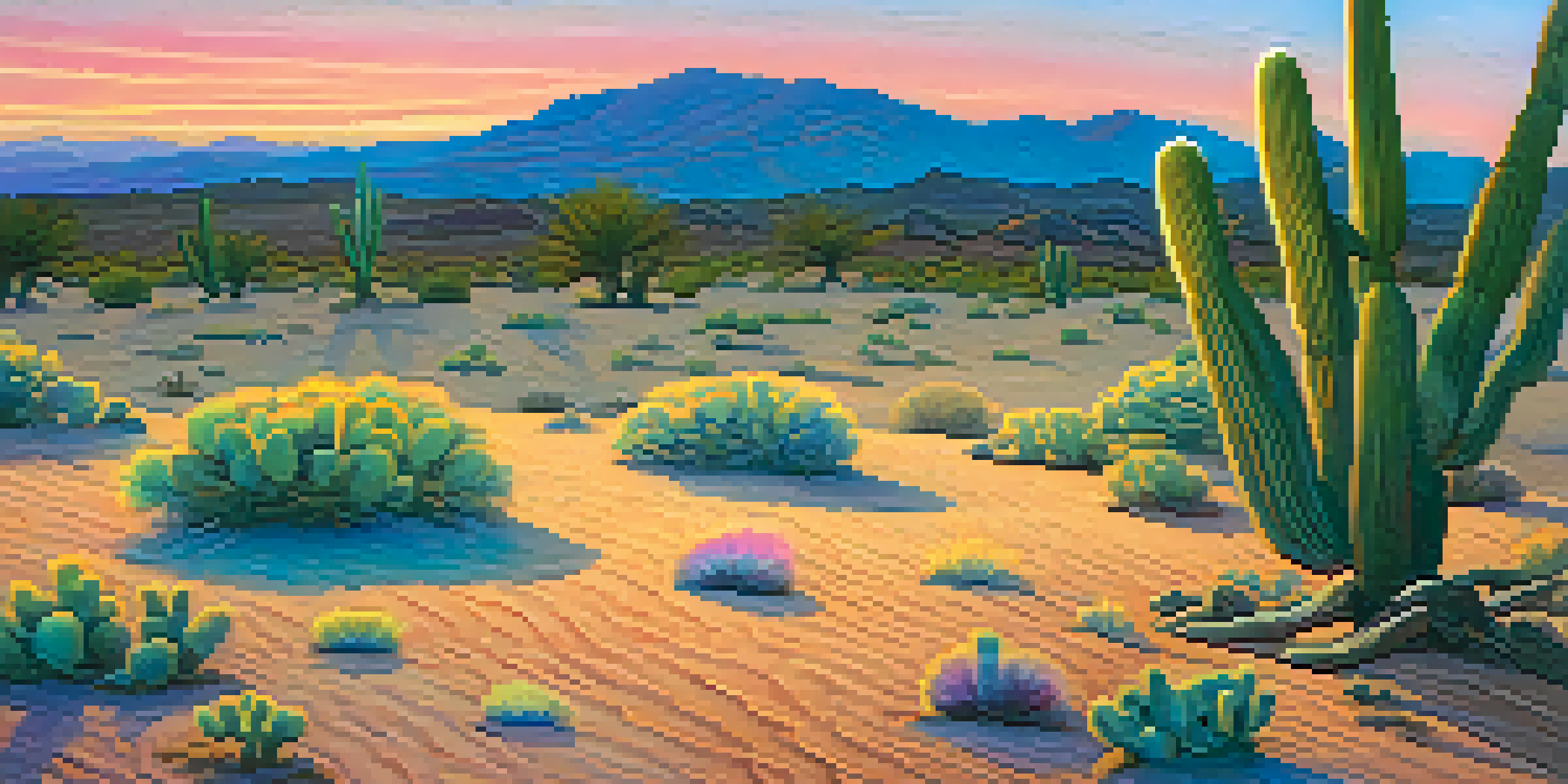 A desert scene at sunset with a peyote cactus in the foreground, showcasing vibrant colors in the sky.