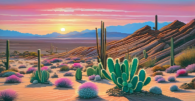A desert landscape at sunset with a blooming peyote cactus in the foreground, surrounded by sand dunes and small rocks.