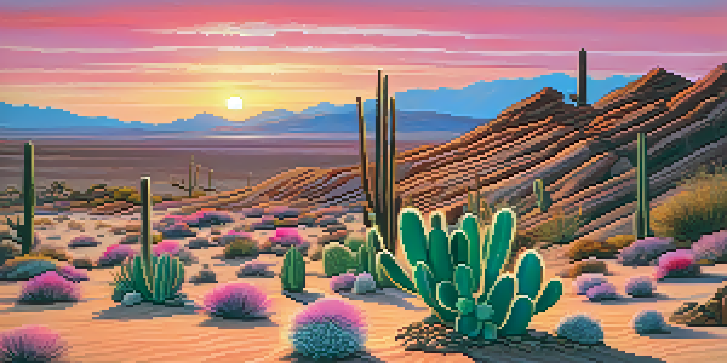 A desert landscape at sunset with a blooming peyote cactus in the foreground, surrounded by sand dunes and small rocks.
