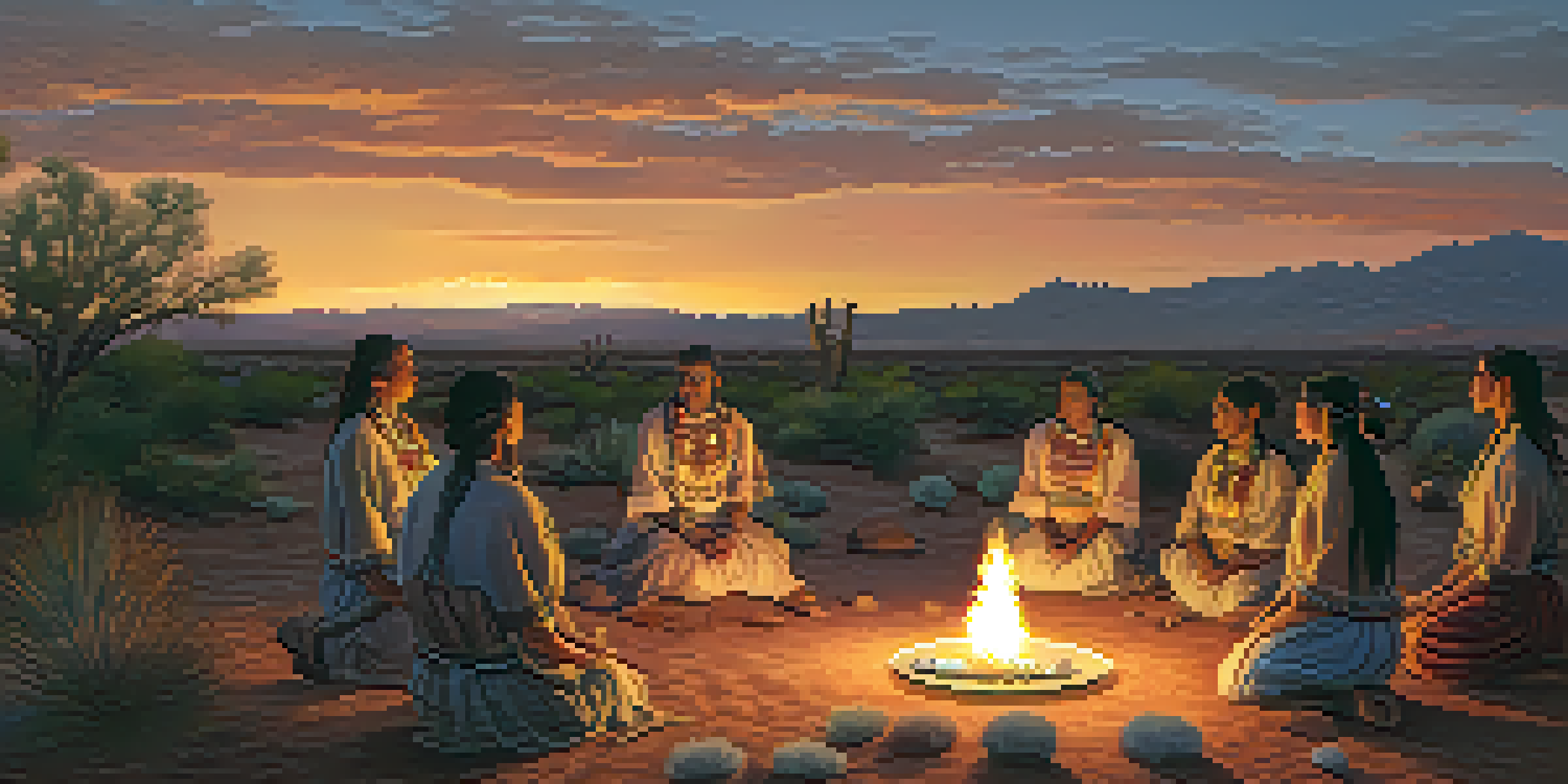 A traditional Indigenous Peyote ceremony at dusk with participants around a fire in a desert setting.