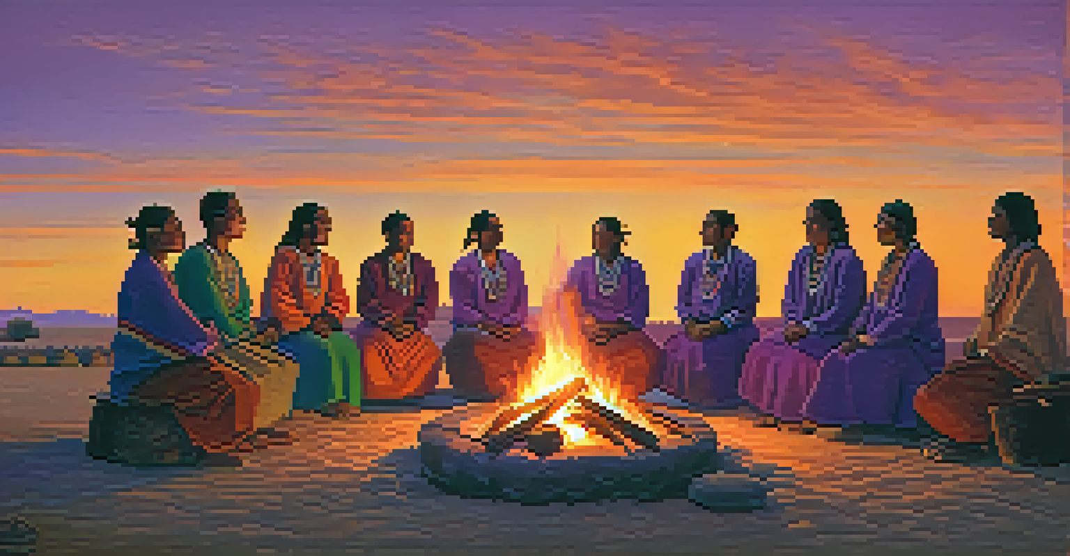 A group of people in traditional attire gathered around a ceremonial fire at dusk.