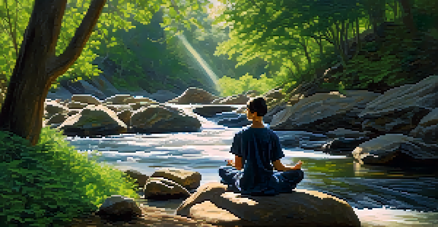 Person meditating by a flowing stream in a lush natural setting, with sunlight filtering through trees and vibrant greenery all around.