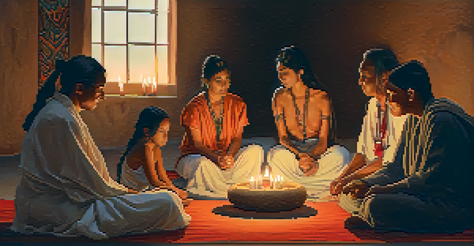 A woman telling a story during a peyote ceremony, with participants gathered around in a warm, candlelit environment.