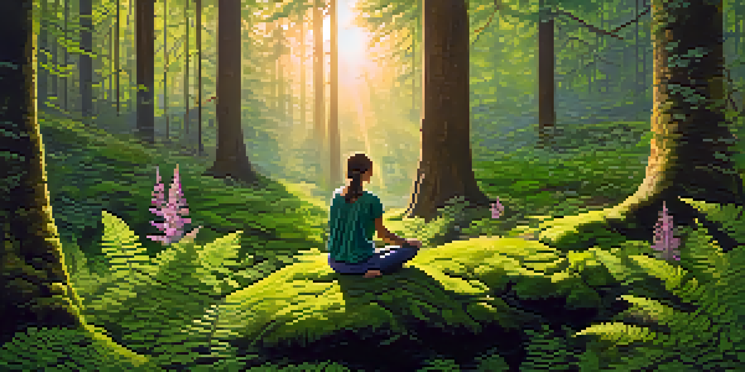 A person meditating in a tranquil forest with sunlight filtering through the trees.