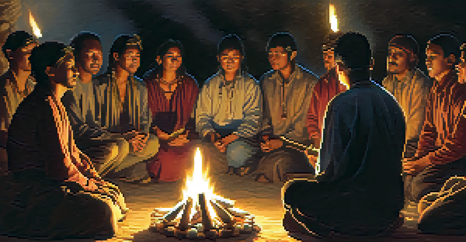 A participant in a peyote ceremony with closed eyes, expressing emotion, surrounded by others singing and playing instruments in warm firelight.