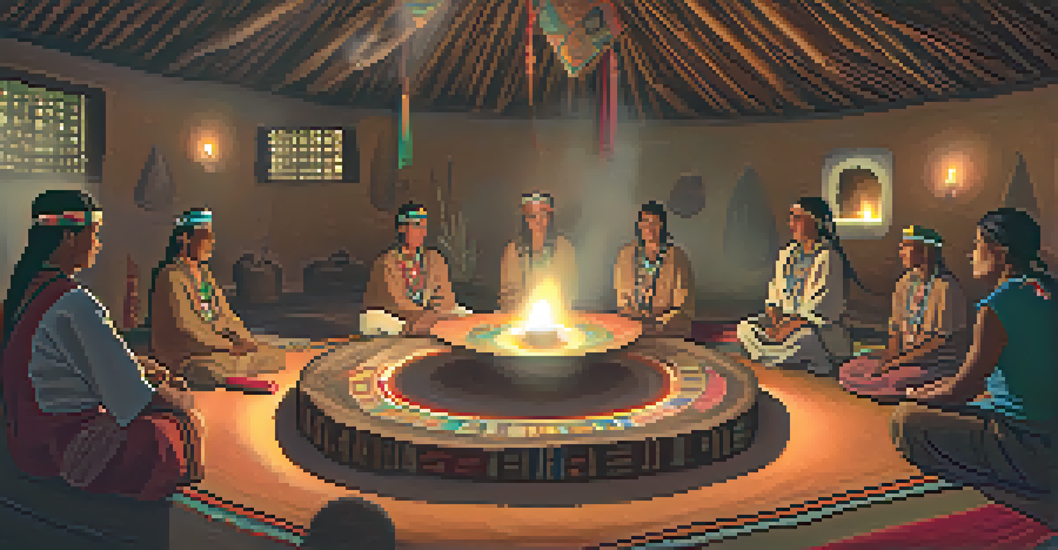 An Indigenous healer leading a peyote ceremony with participants in a ceremonial lodge.