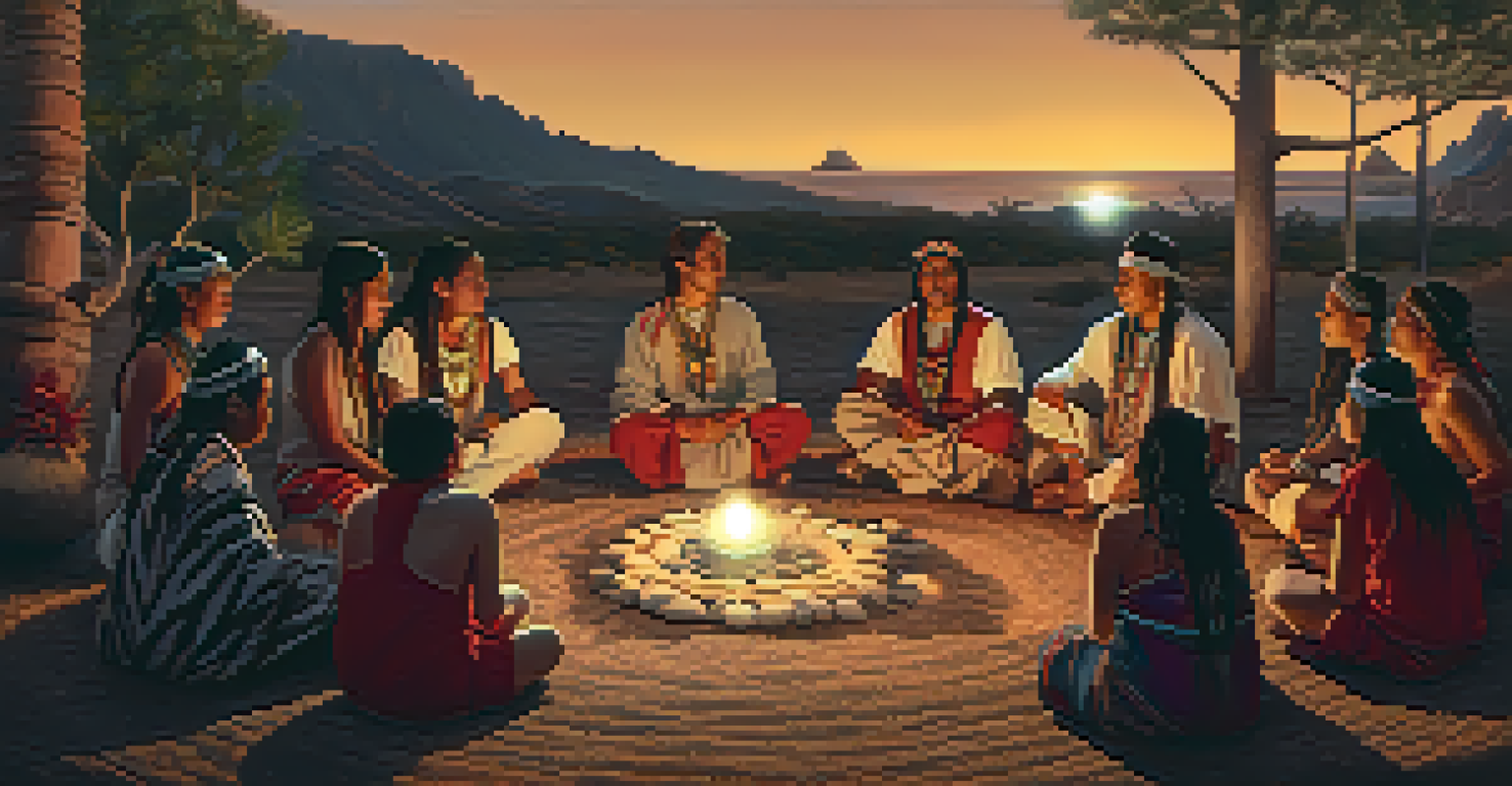 Indigenous individuals in a circle during a peyote ceremony, with candlelight illuminating their traditional attire.