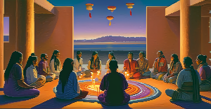 A tranquil Peyote ceremony at dusk, featuring participants in a circle around a decorated altar under a colorful sky.