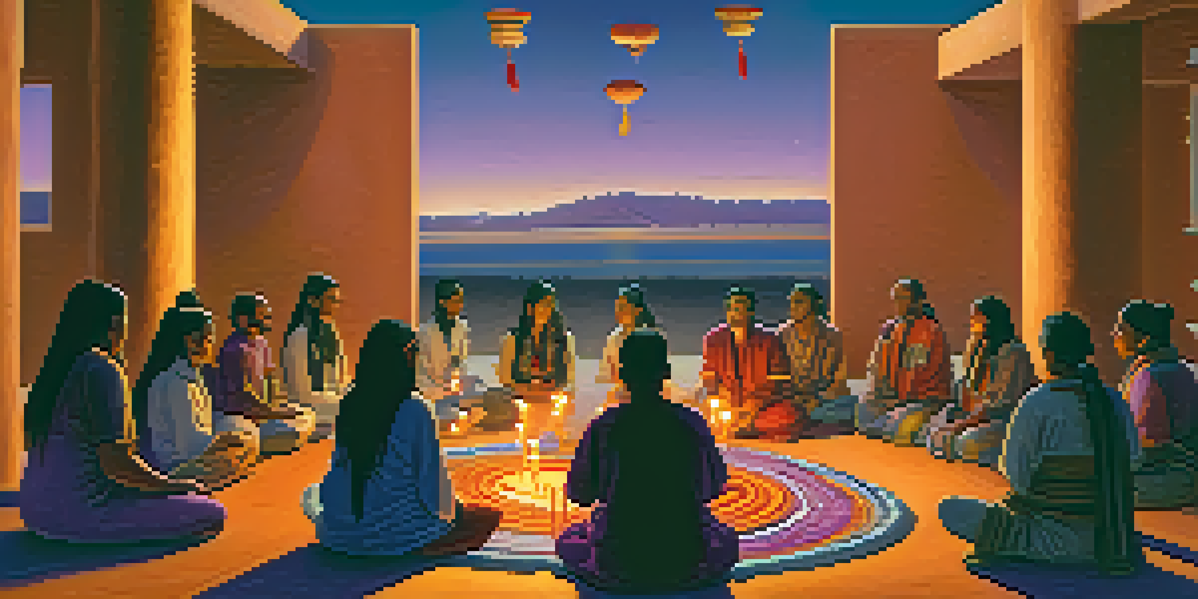 A tranquil Peyote ceremony at dusk, featuring participants in a circle around a decorated altar under a colorful sky.