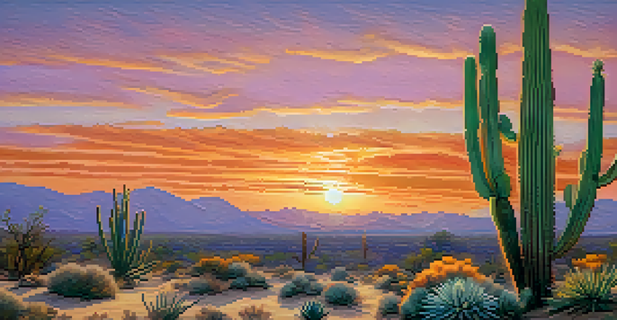 A close-up view of a peyote cactus in a desert landscape during sunset, surrounded by wildflowers.