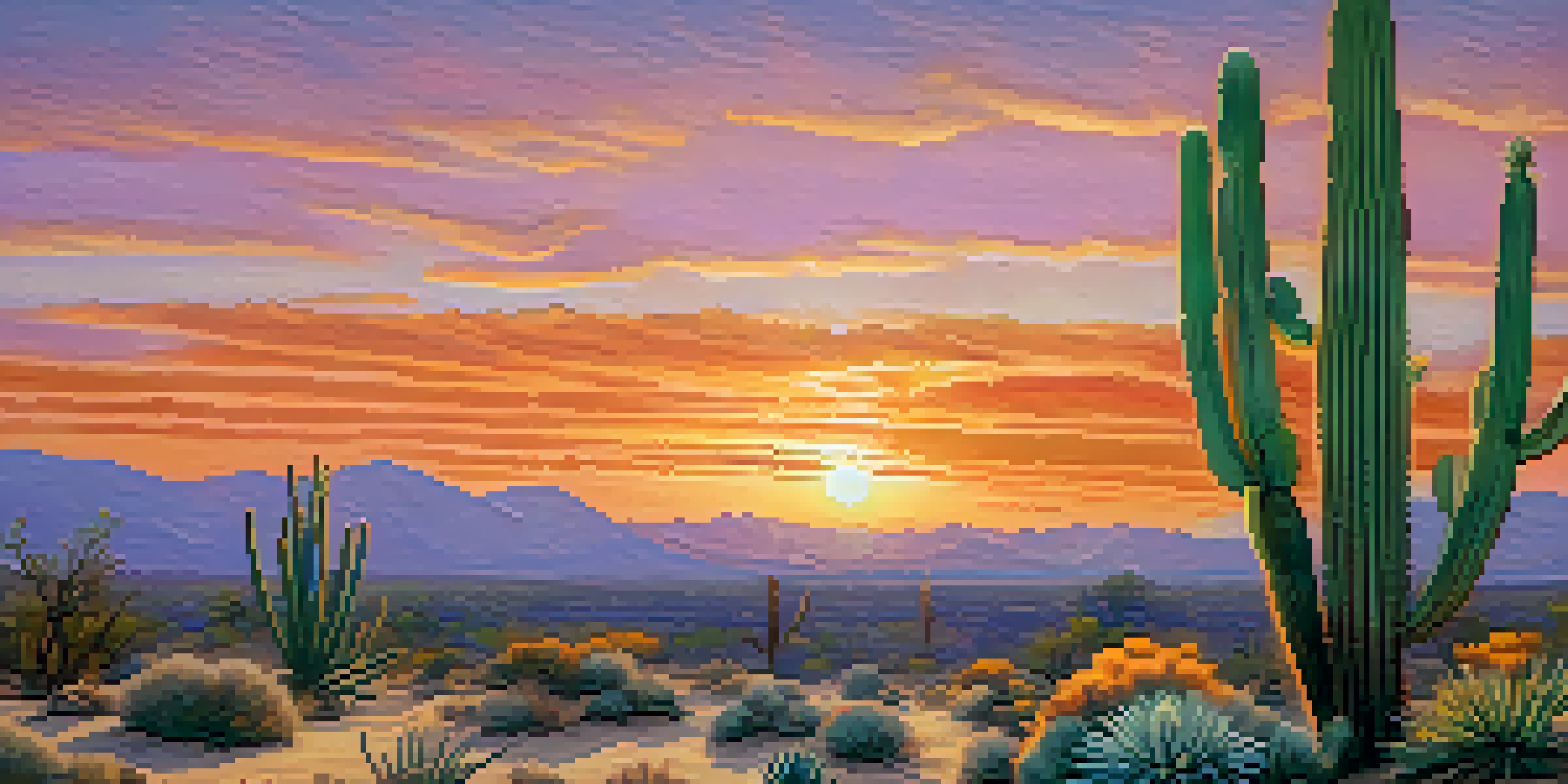 A close-up view of a peyote cactus in a desert landscape during sunset, surrounded by wildflowers.