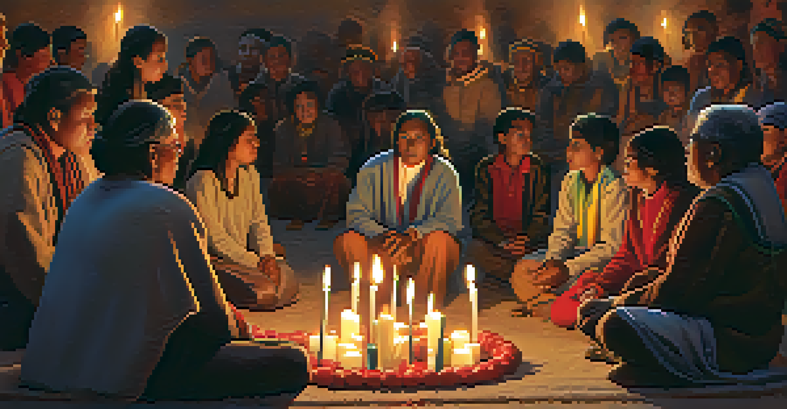 Indigenous elders and youth gathered in a ceremonial setting, sharing stories and songs with candles glowing around them.