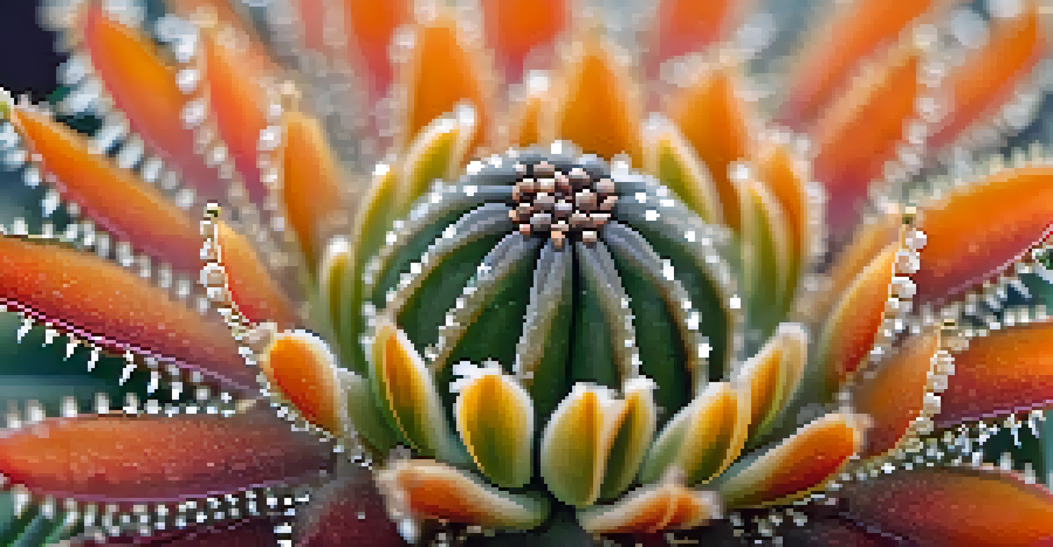 A close-up of a peyote cactus showing its textured surface and blooming flowers, with dew drops glistening in the light.