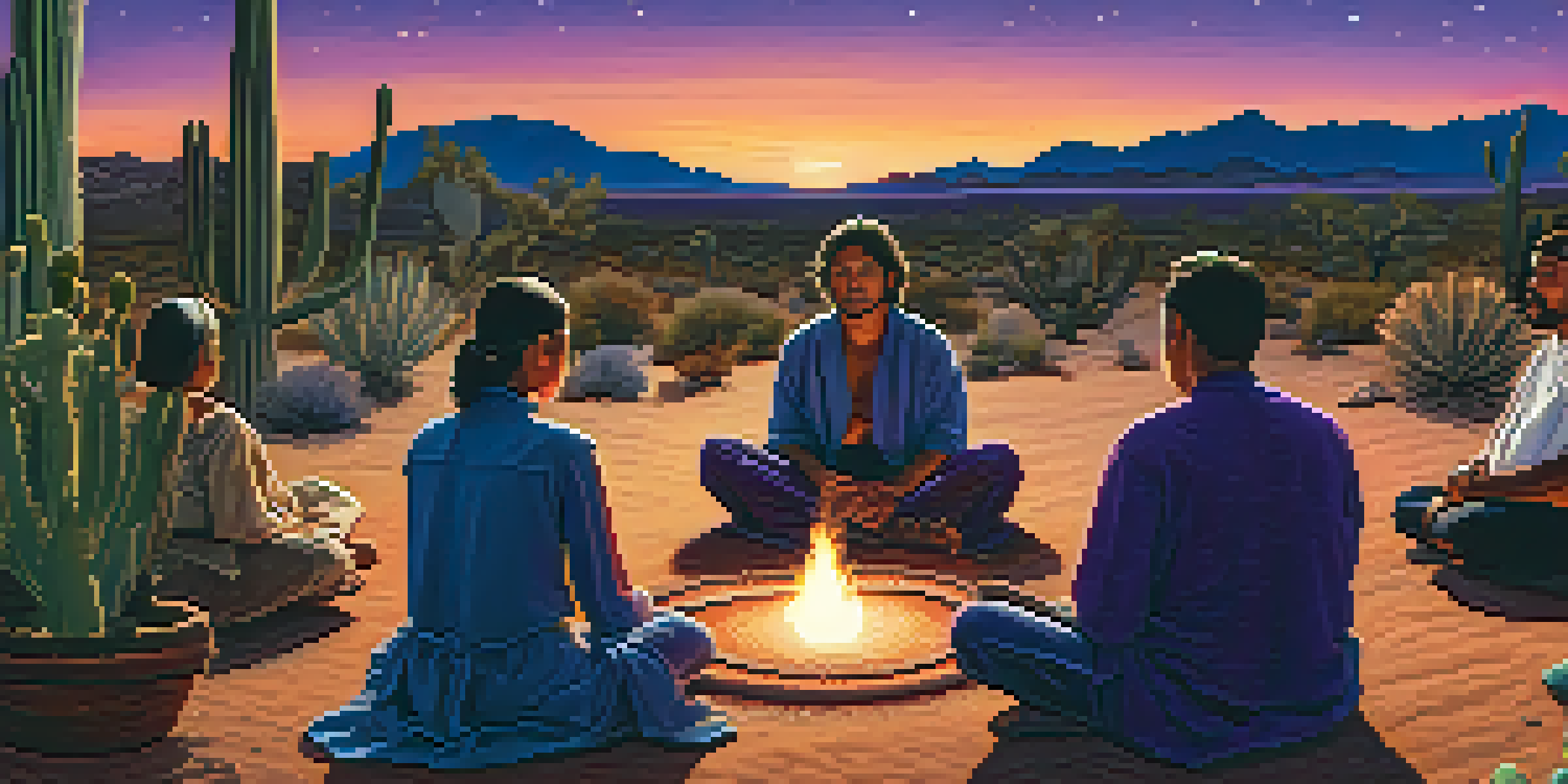 A peaceful peyote ceremony at dusk with participants gathered around a fire in a desert landscape under a starry sky.