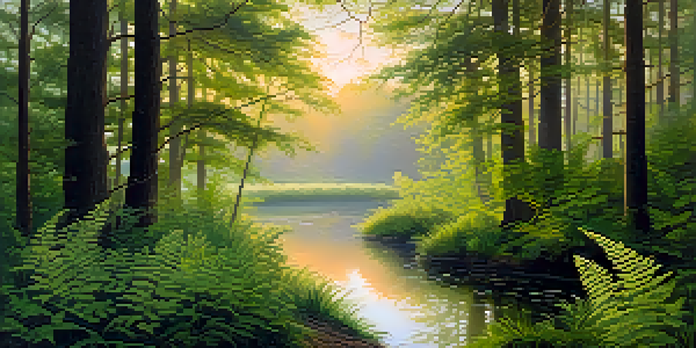 A peaceful forest at dawn with sunlight shining through trees, a winding path, and a misty pond.