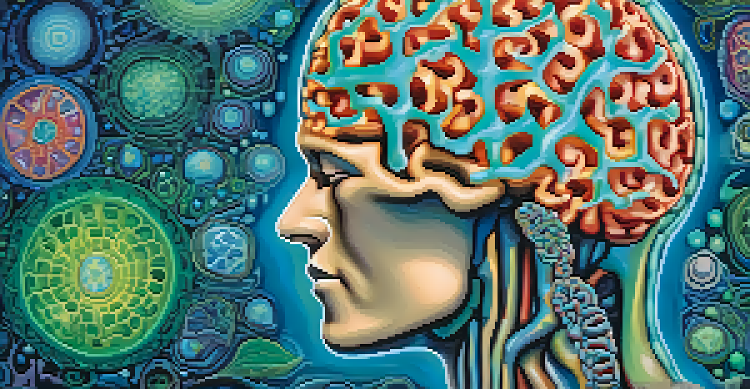 An artistic depiction of a brain with highlighted serotonin receptors and colorful abstract patterns representing altered consciousness.