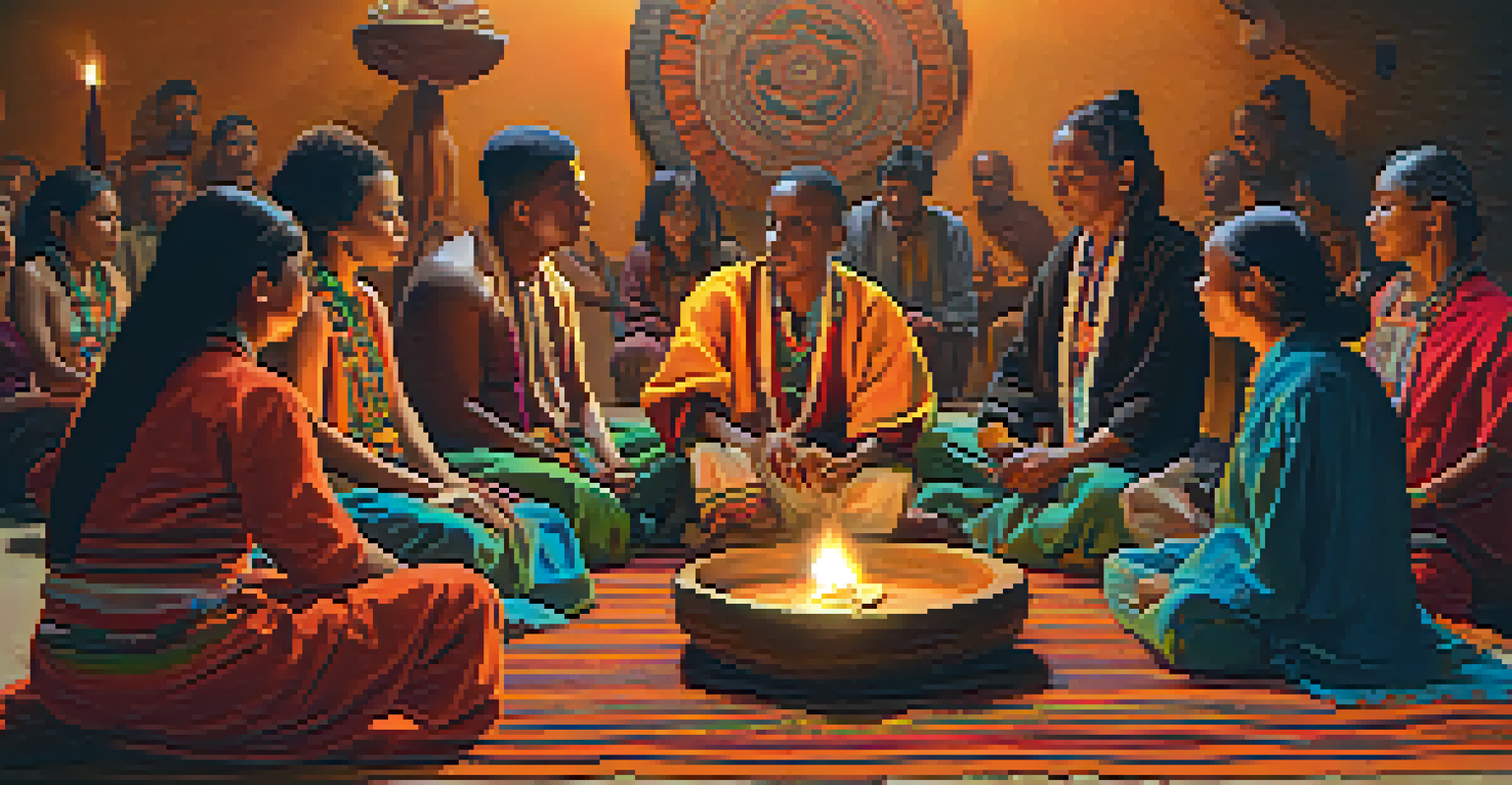 Diverse participants in traditional attire sharing stories in a peyote ceremony, surrounded by candlelight and woven mats.