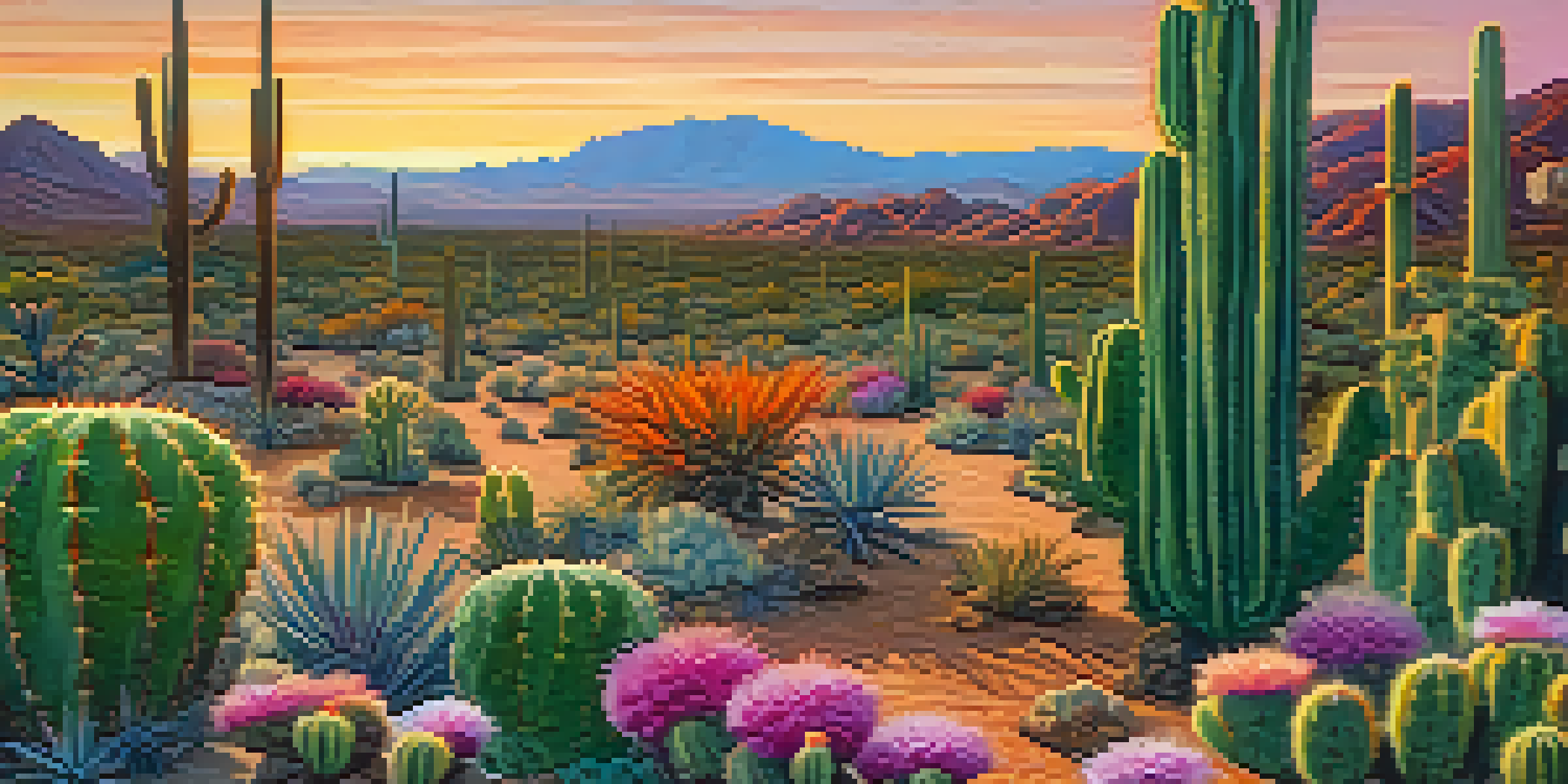 A beautiful desert scene with a blooming peyote cactus at sunset, surrounded by green cacti and colorful sky.