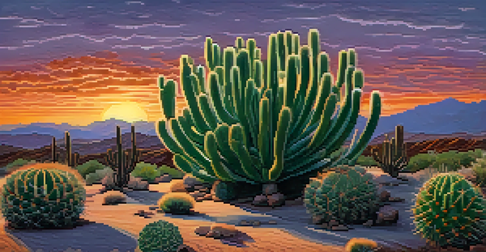 A close-up view of a peyote cactus in a desert landscape at dusk, with vibrant colors in the sky and distant mountains.
