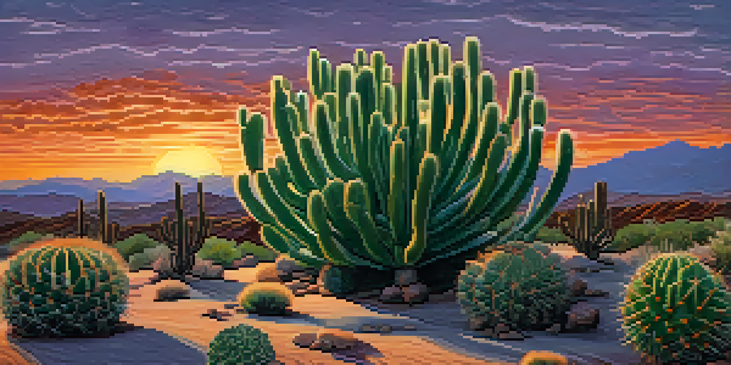 A close-up view of a peyote cactus in a desert landscape at dusk, with vibrant colors in the sky and distant mountains.