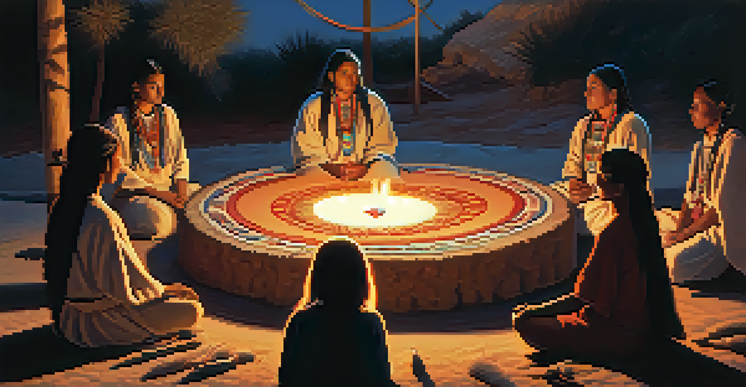Participants in a peyote ceremony sitting in a circle on the ground, illuminated by candlelight, with cultural symbols in the background.