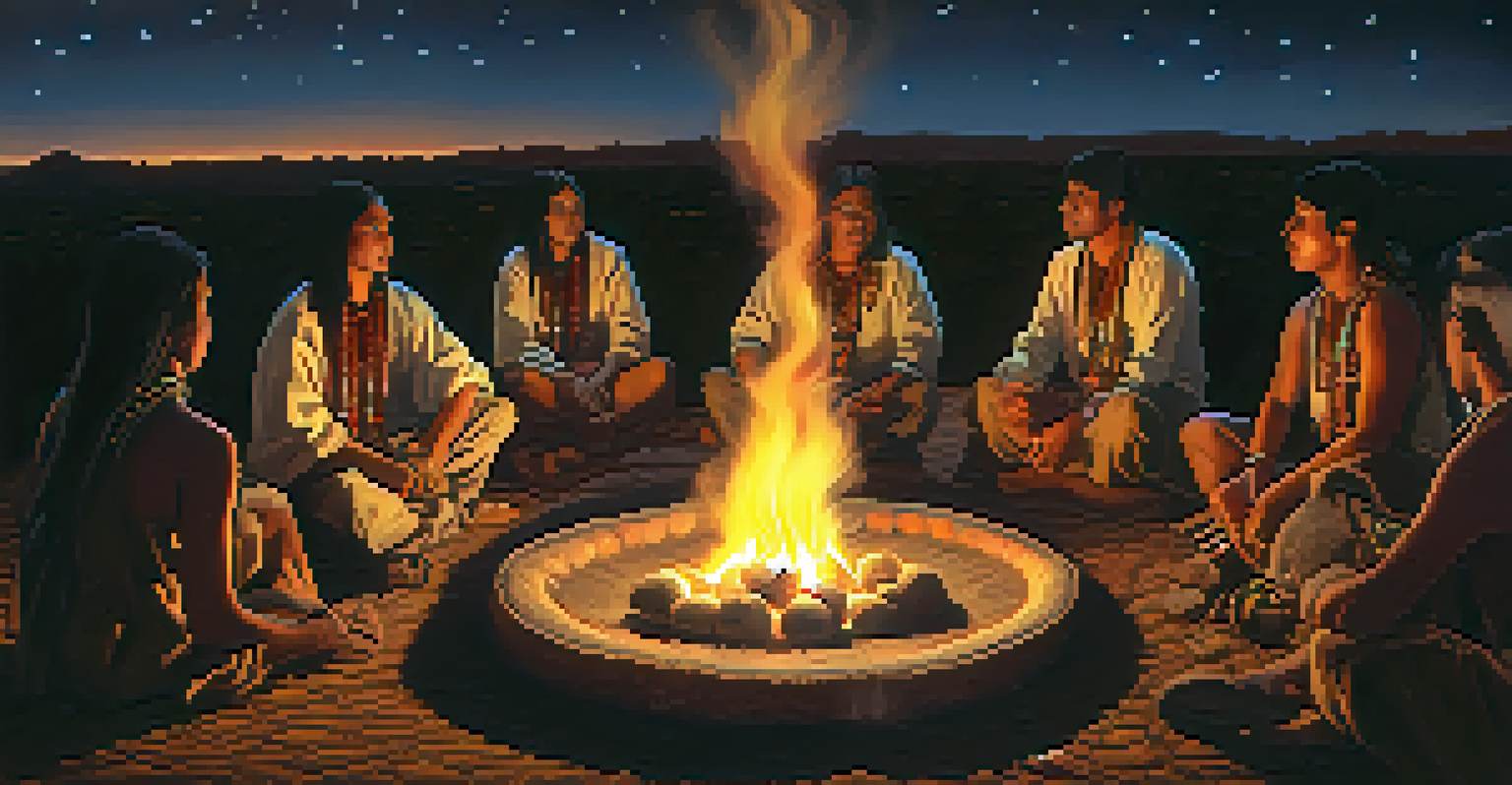 A group of Indigenous people participating in a peyote ceremony around a fire at night.