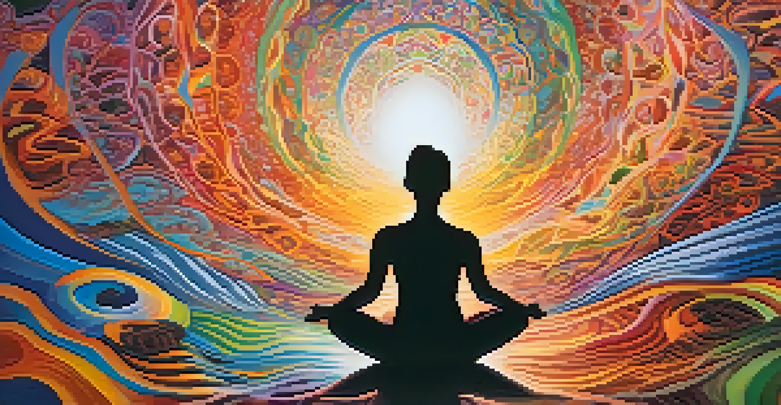 An abstract image representing a psychedelic experience with vibrant colors and a silhouette meditating.