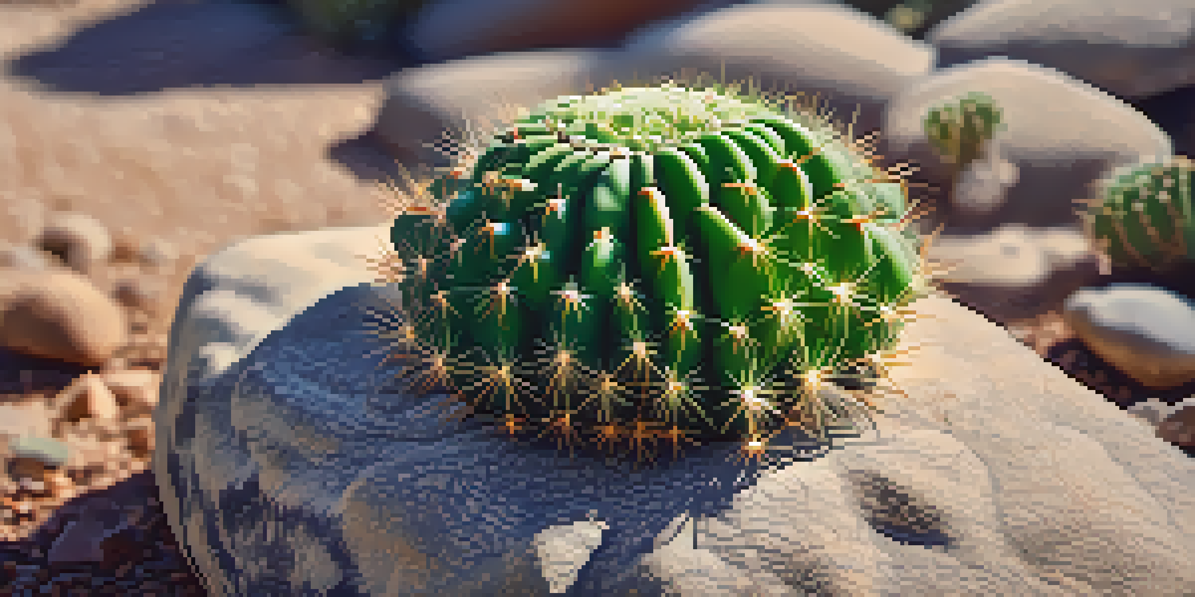 A detailed close-up of a peyote cactus on a rock, with sunlight accentuating its spines and green color.