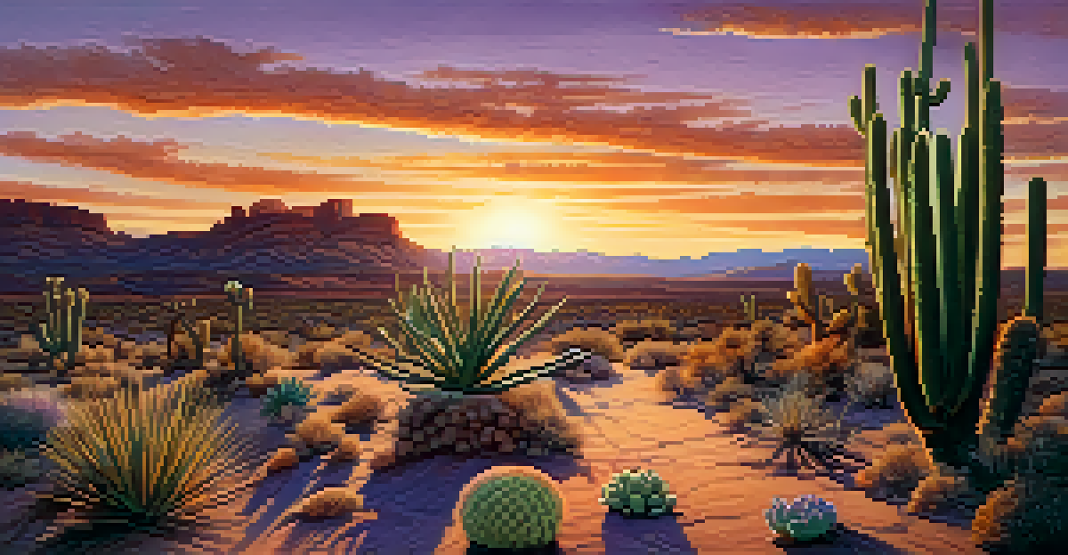 Sunset landscape with a cluster of peyote cacti in a desert environment.