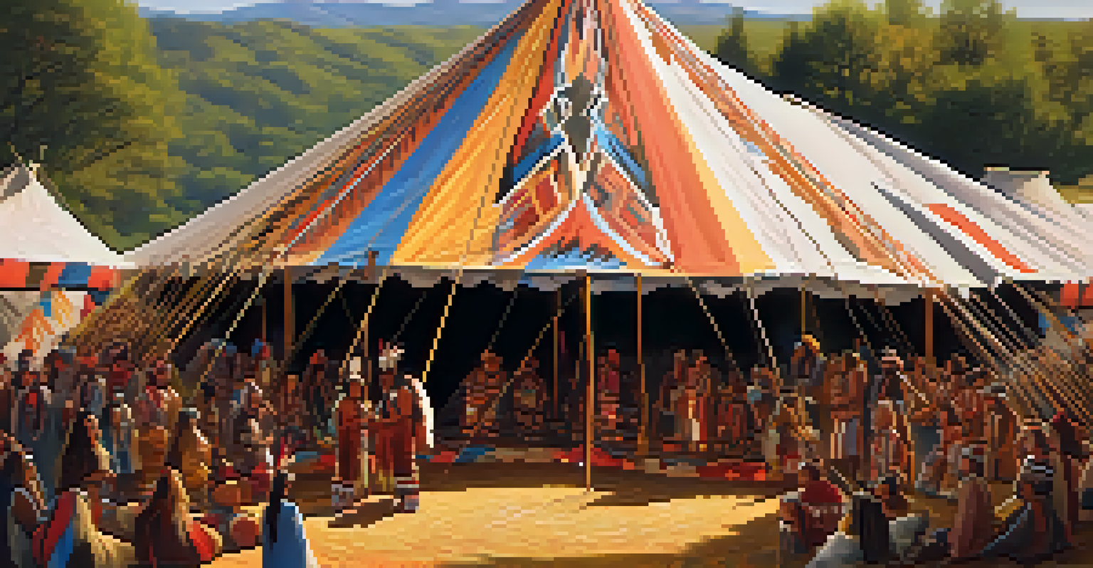 A wide-angle view of a Native American gathering in a ceremonial tent, with participants singing and drumming, surrounded by trees and mountains.