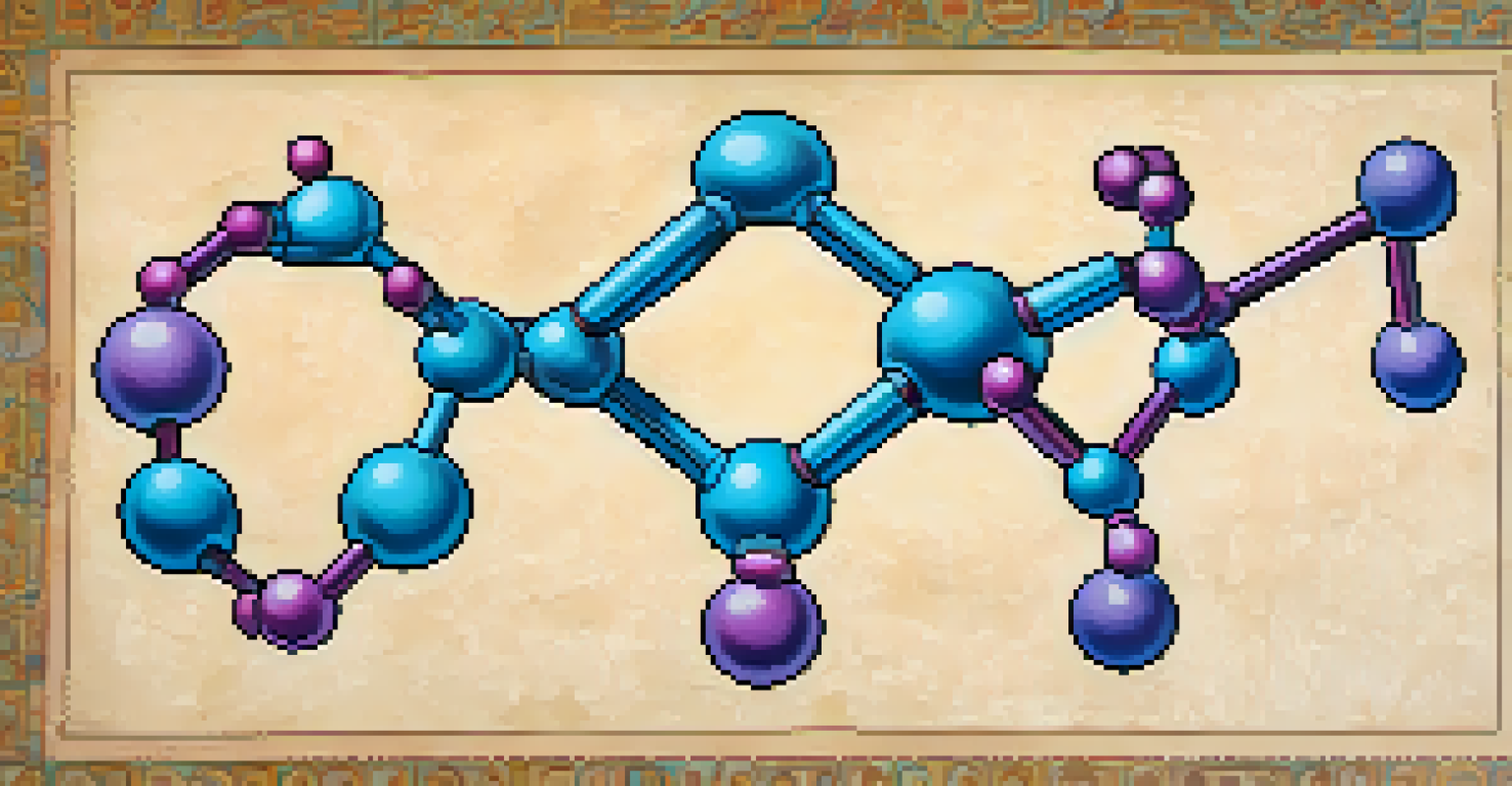 A colorful illustration of the mescaline chemical structure on a textured background.