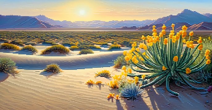 A peaceful desert scene with a peyote cactus and colorful wildflowers under a clear blue sky.