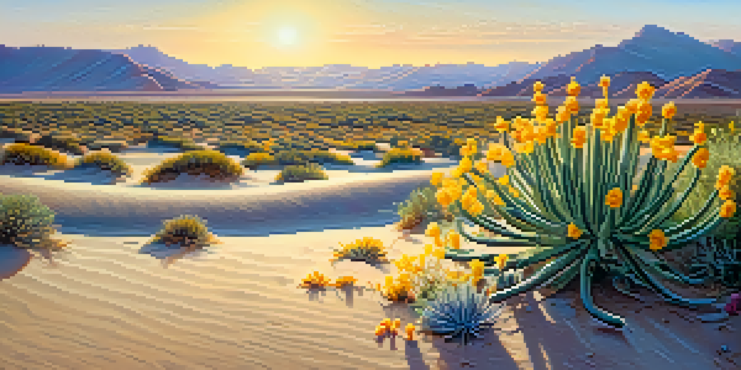 A peaceful desert scene with a peyote cactus and colorful wildflowers under a clear blue sky.