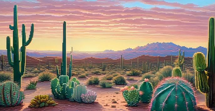 A tranquil desert scene with peyote cacti illuminated by the soft light of sunrise, surrounded by sandy soil and gentle desert plants.