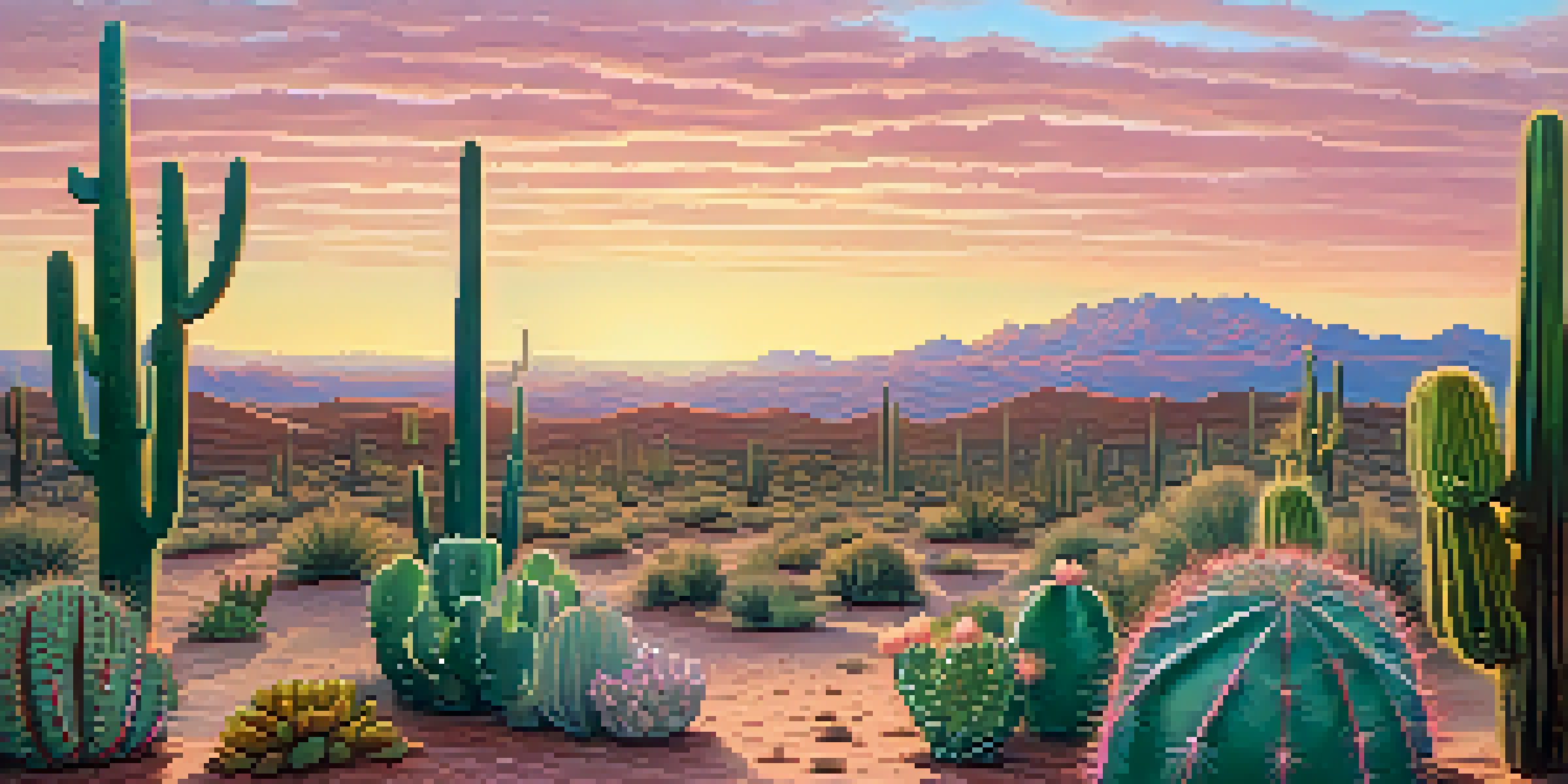 A tranquil desert scene with peyote cacti illuminated by the soft light of sunrise, surrounded by sandy soil and gentle desert plants.