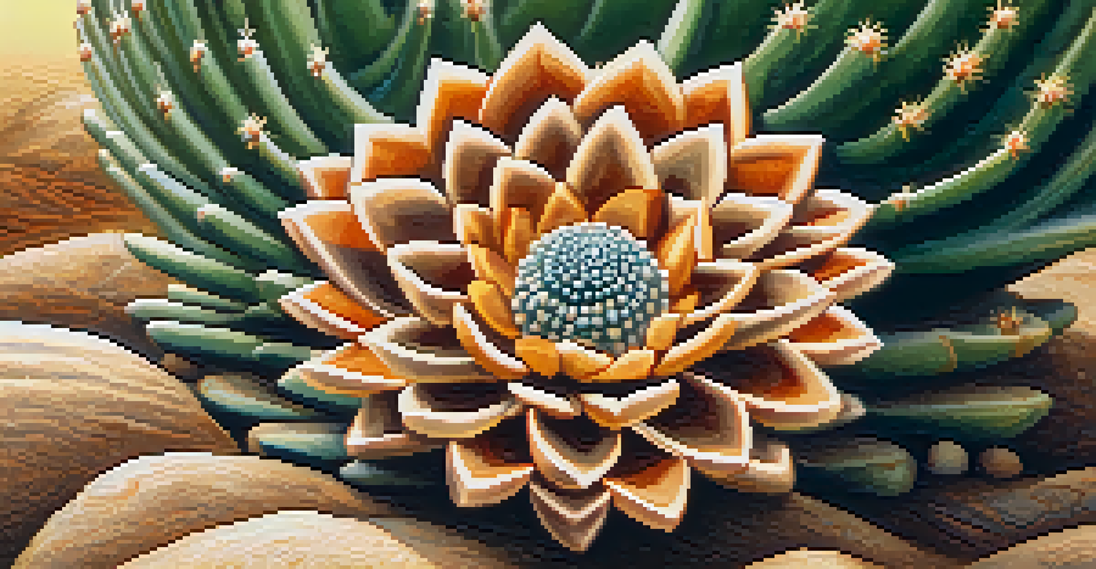 A detailed image of a peyote button with textured surfaces, set against a softly blurred desert flora background.