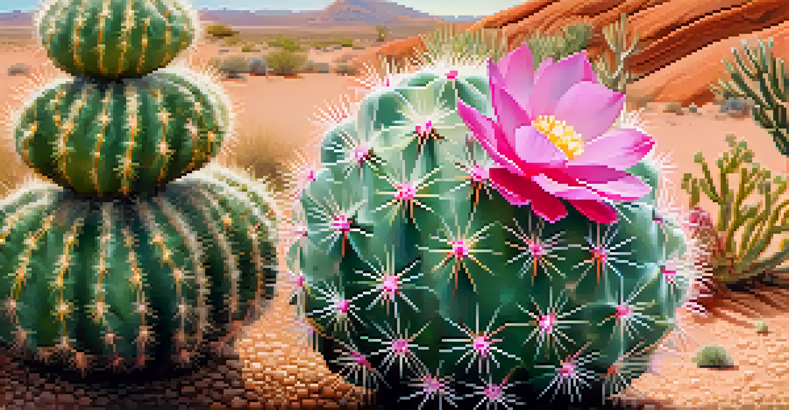 A close-up view of a peyote cactus with pink flowers.
