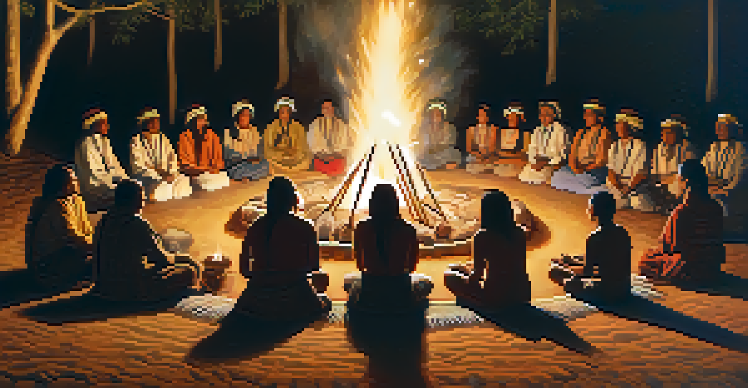 Indigenous individuals participating in a peyote ceremony around a sacred fire.