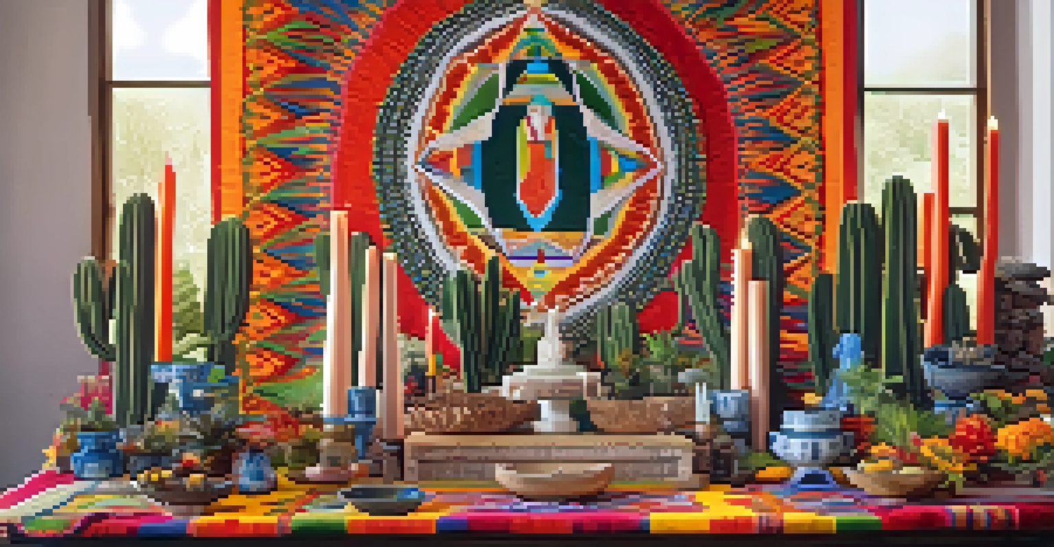 A decorative altar featuring a large peyote cactus, colorful textiles, and candles, set in a natural environment with sunlight filtering through trees.
