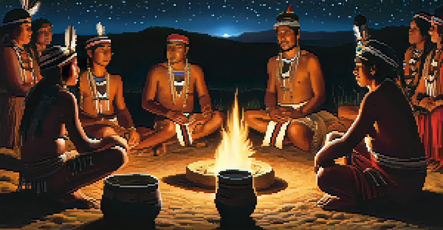 An Indigenous ceremonial gathering under a starry night sky, with participants in traditional attire seated around a small fire, illuminated by its glow.