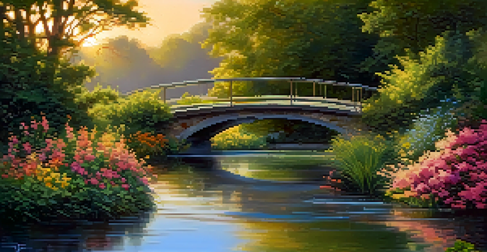 A peaceful landscape featuring a tranquil river under a bridge, surrounded by greenery and flowers, illuminated by a golden sunset.