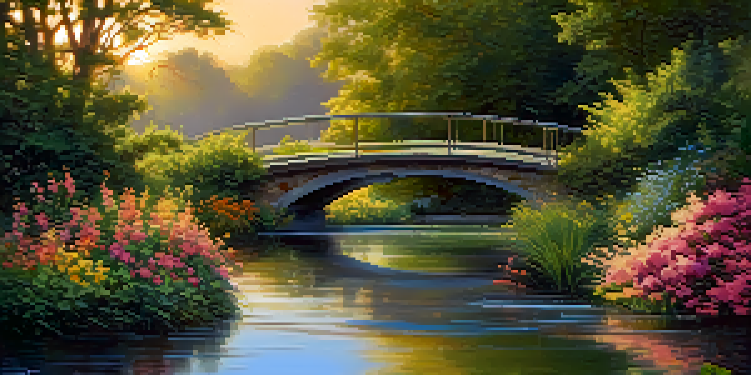 A peaceful landscape featuring a tranquil river under a bridge, surrounded by greenery and flowers, illuminated by a golden sunset.