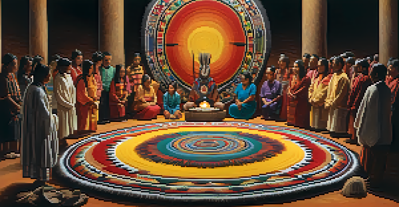 An Indigenous ceremony featuring participants around a blanket with peyote cacti and ceremonial items, illuminated by candlelight.