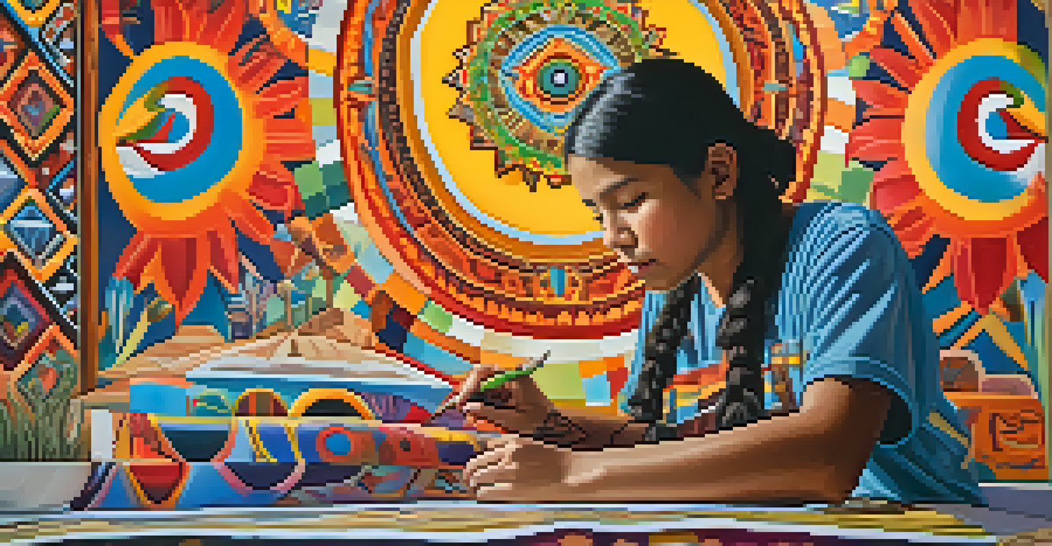 A young Indigenous artist creating a mural with peyote symbolism, set against a colorful urban background that combines traditional and modern elements.