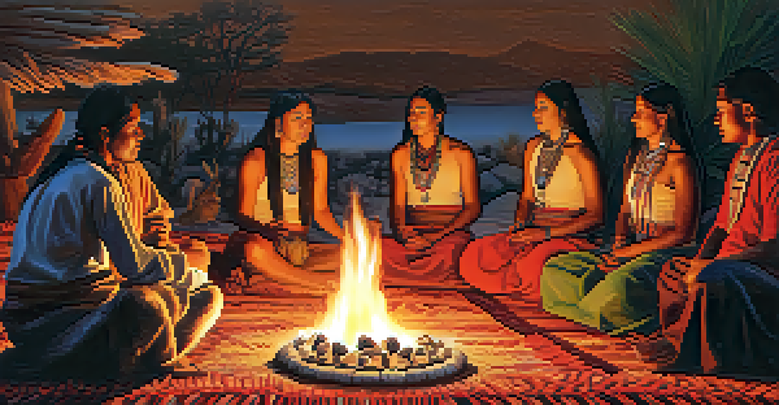 Indigenous people in a ceremonial setting around a fire, engaging in traditional practices with peyote cacti present, illuminated by warm firelight.