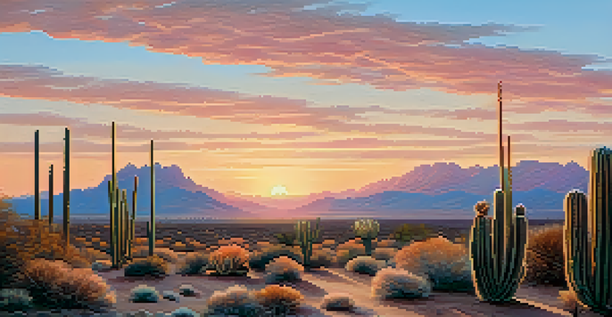 A peaceful desert scene with peyote cacti illuminated by the soft light of dawn and a colorful sky.