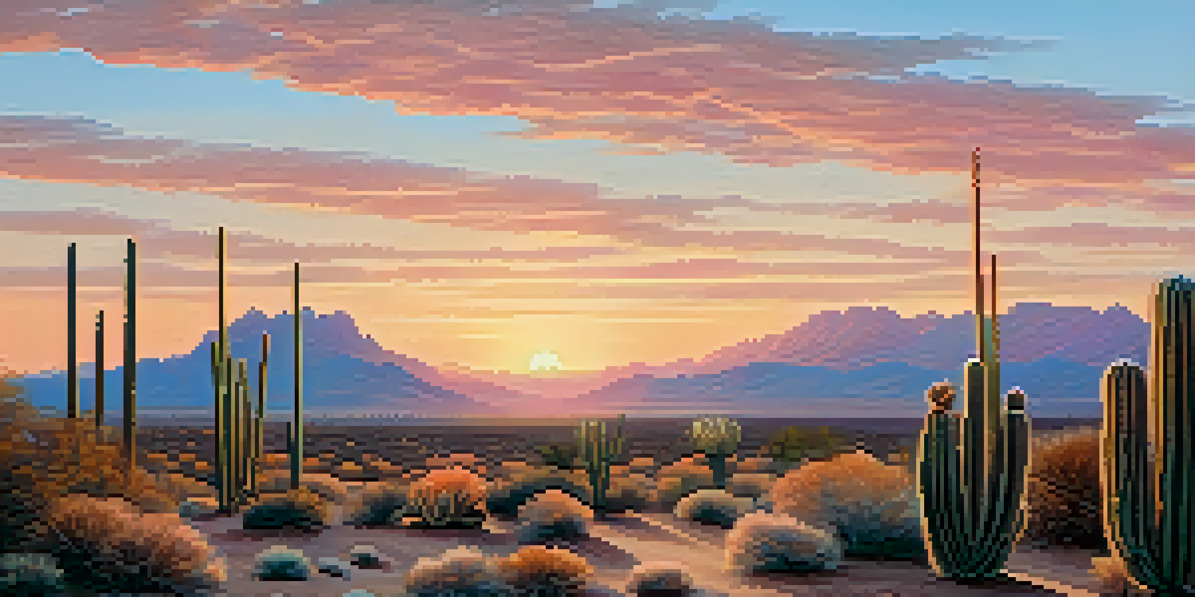 A peaceful desert scene with peyote cacti illuminated by the soft light of dawn and a colorful sky.