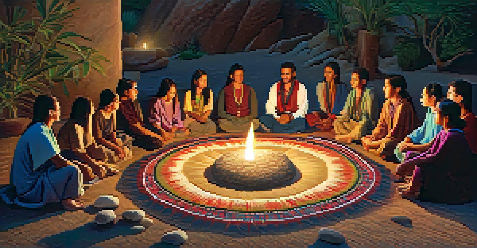 A group of people in a peyote ceremony, seated in a circle with candlelight and a colorful rug, creating a spiritual atmosphere.