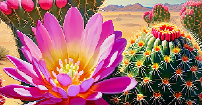A close-up of a blooming peyote cactus with pink flowers in a desert landscape, illuminated by warm sunlight.