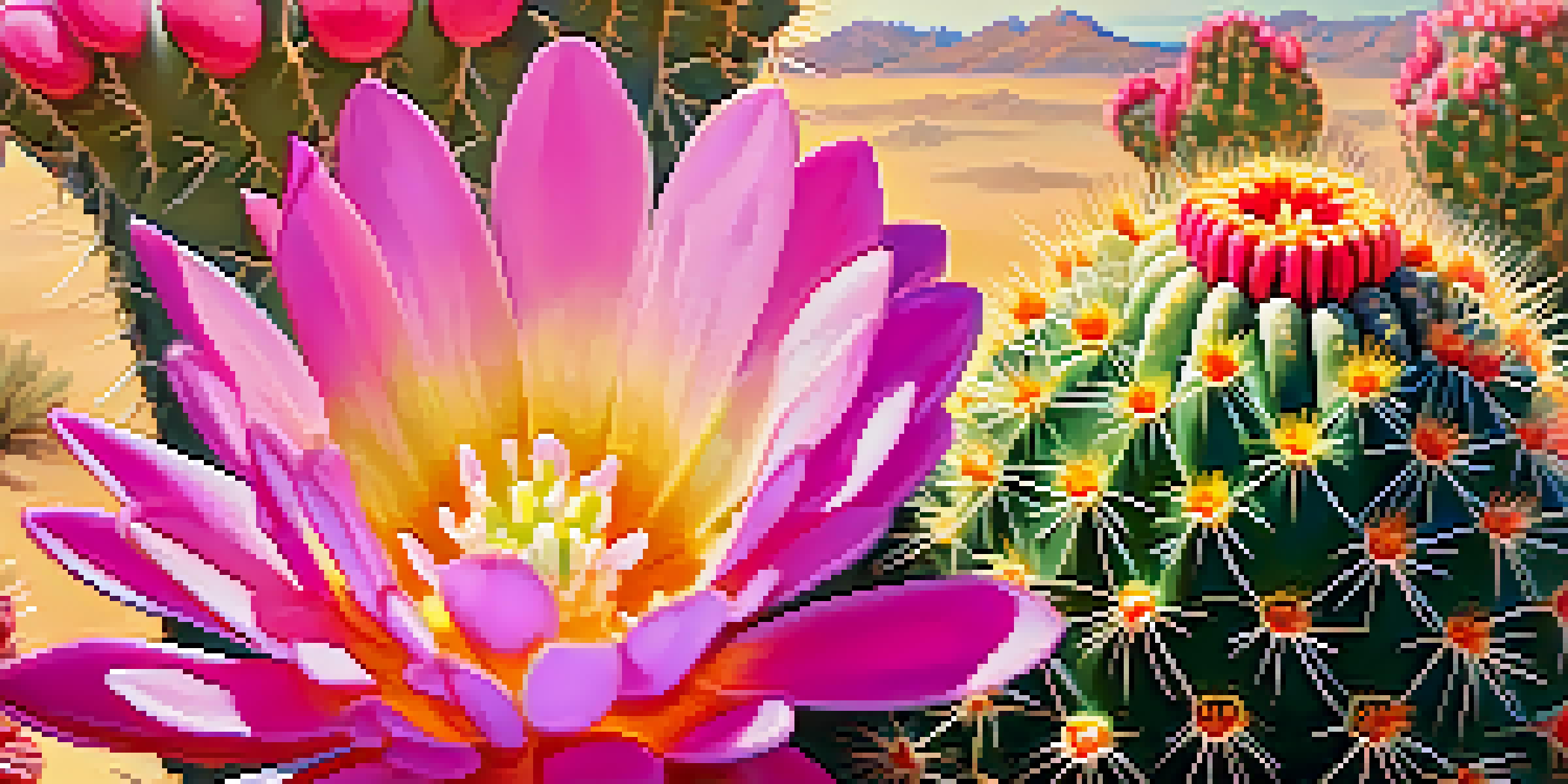 A close-up of a blooming peyote cactus with pink flowers in a desert landscape, illuminated by warm sunlight.